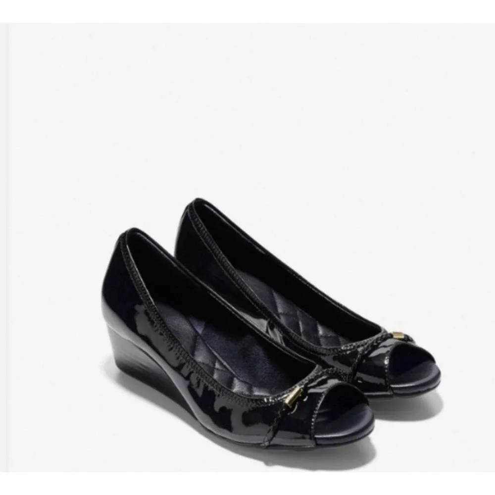 Cole Haan Black Patent Leather Air Tali Peep Toe Wedge Pumps Gold Hardware